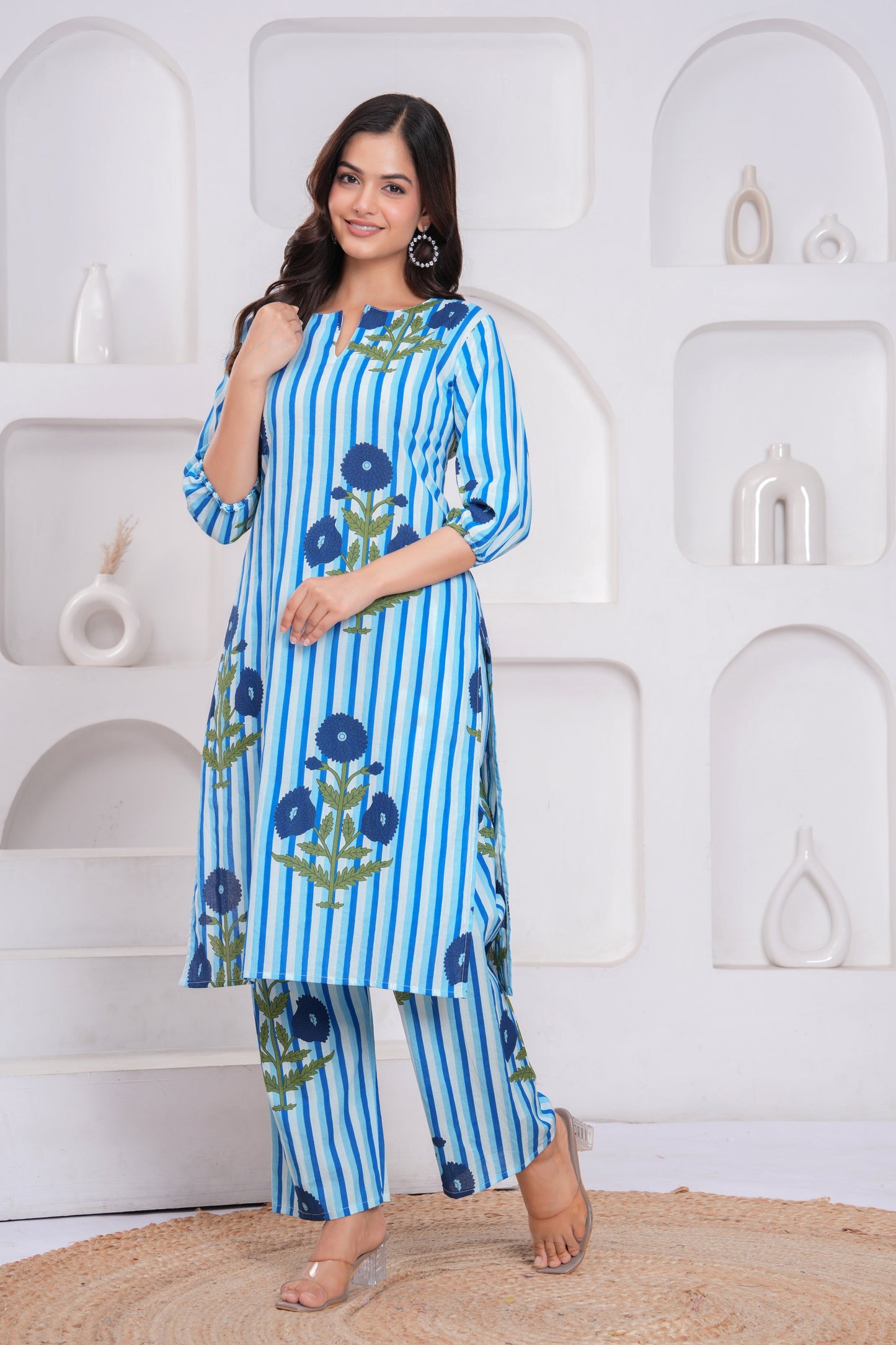Blue Printed Cotton Kurta and Palazzo Set