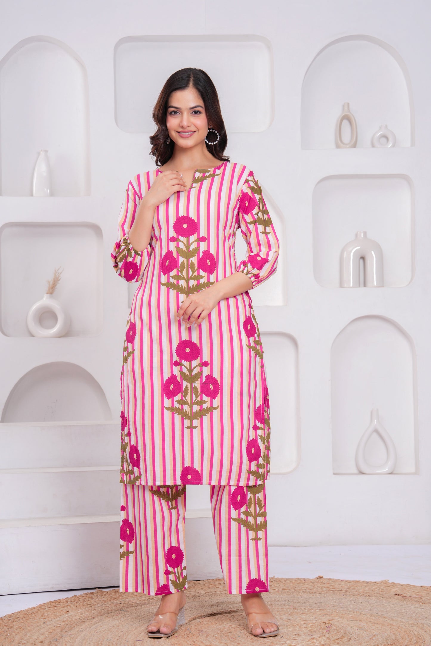 Pink Printed Cotton Kurta and Palazzo Set