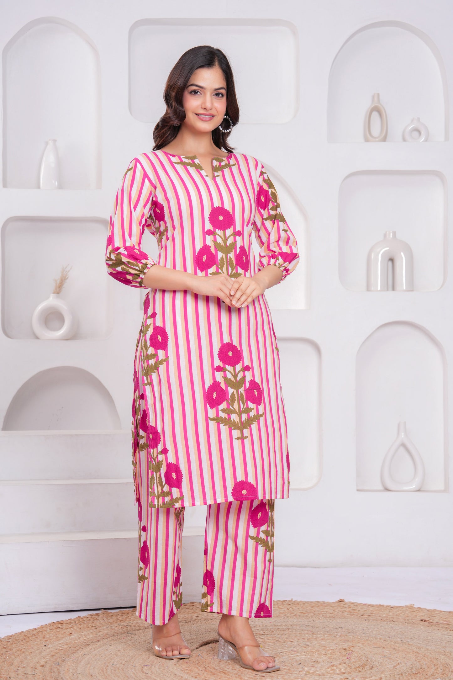 Pink Printed Cotton Kurta and Palazzo Set