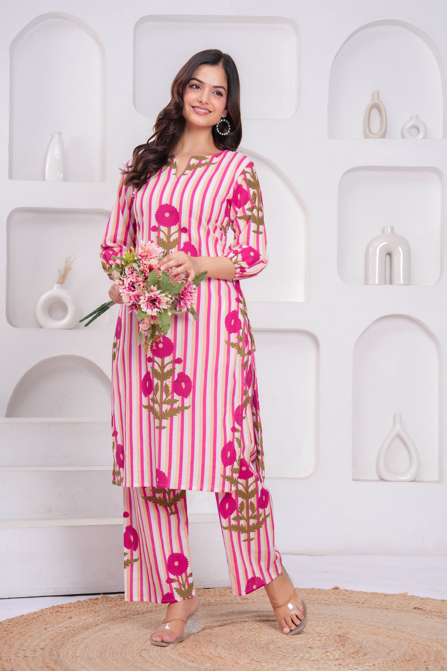 Pink Printed Cotton Kurta and Palazzo Set
