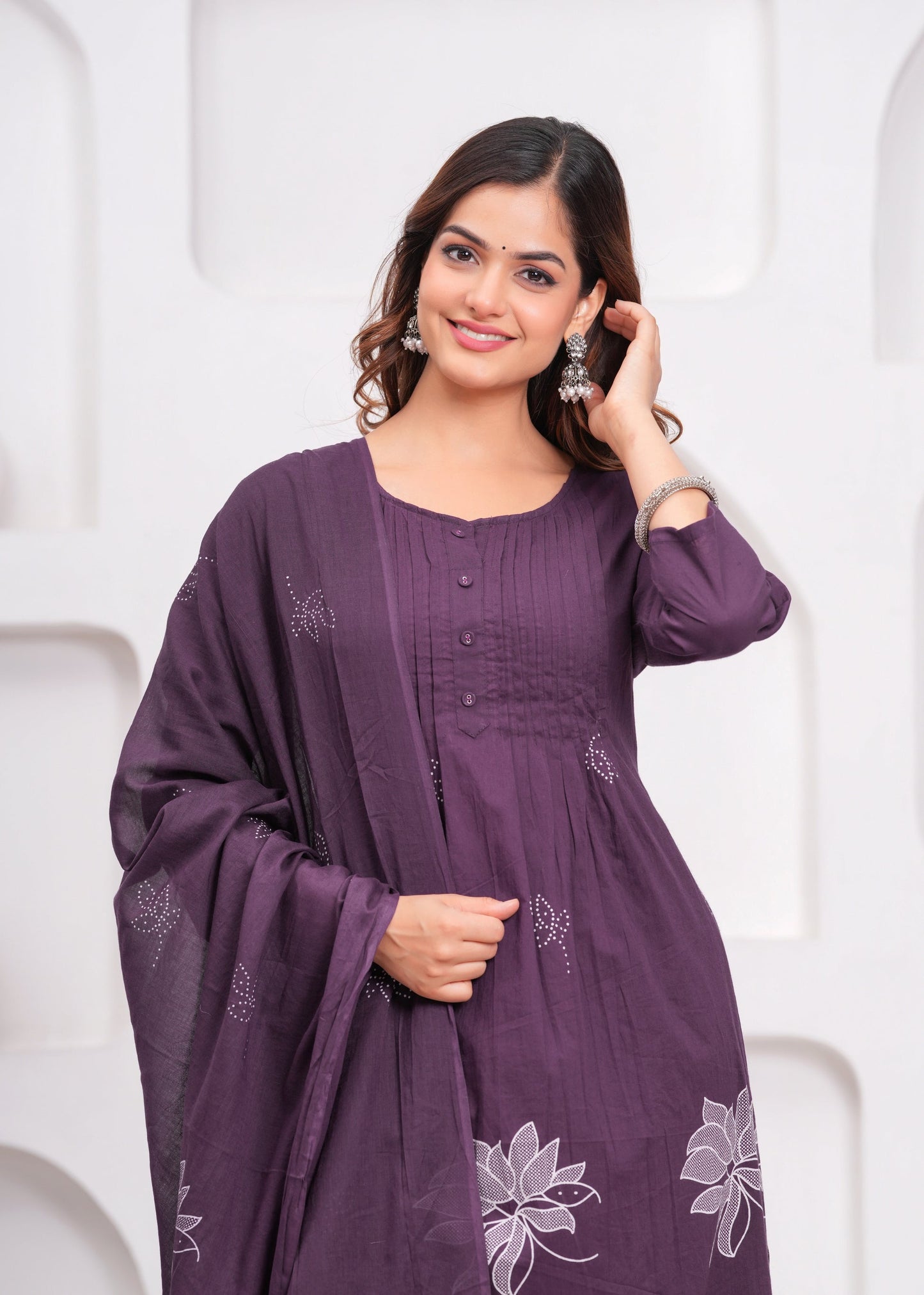 Grape Printx Work Cotton Suit Set with Dupatta