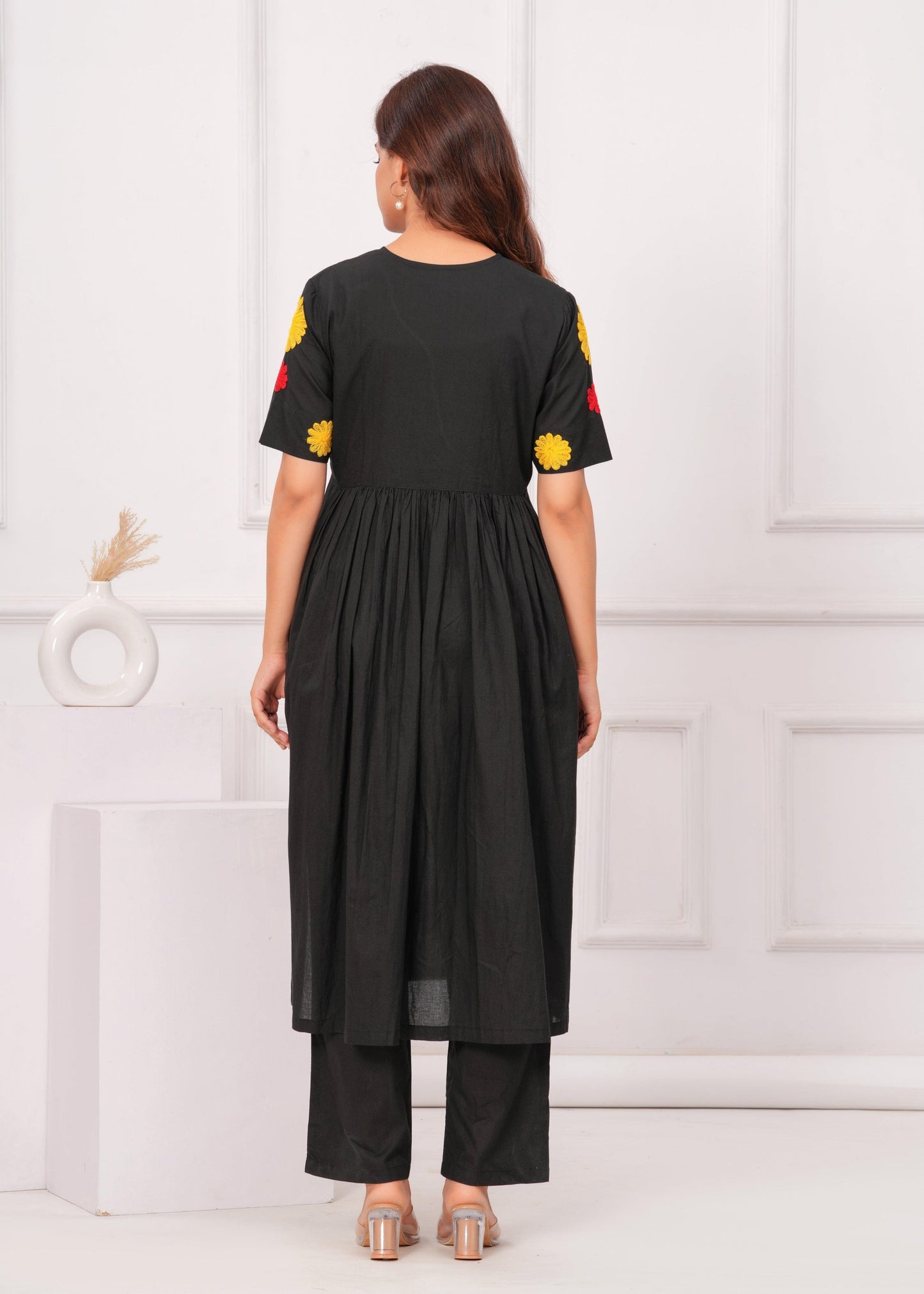 Black Embroidered Cotton Kurta and Pant Set