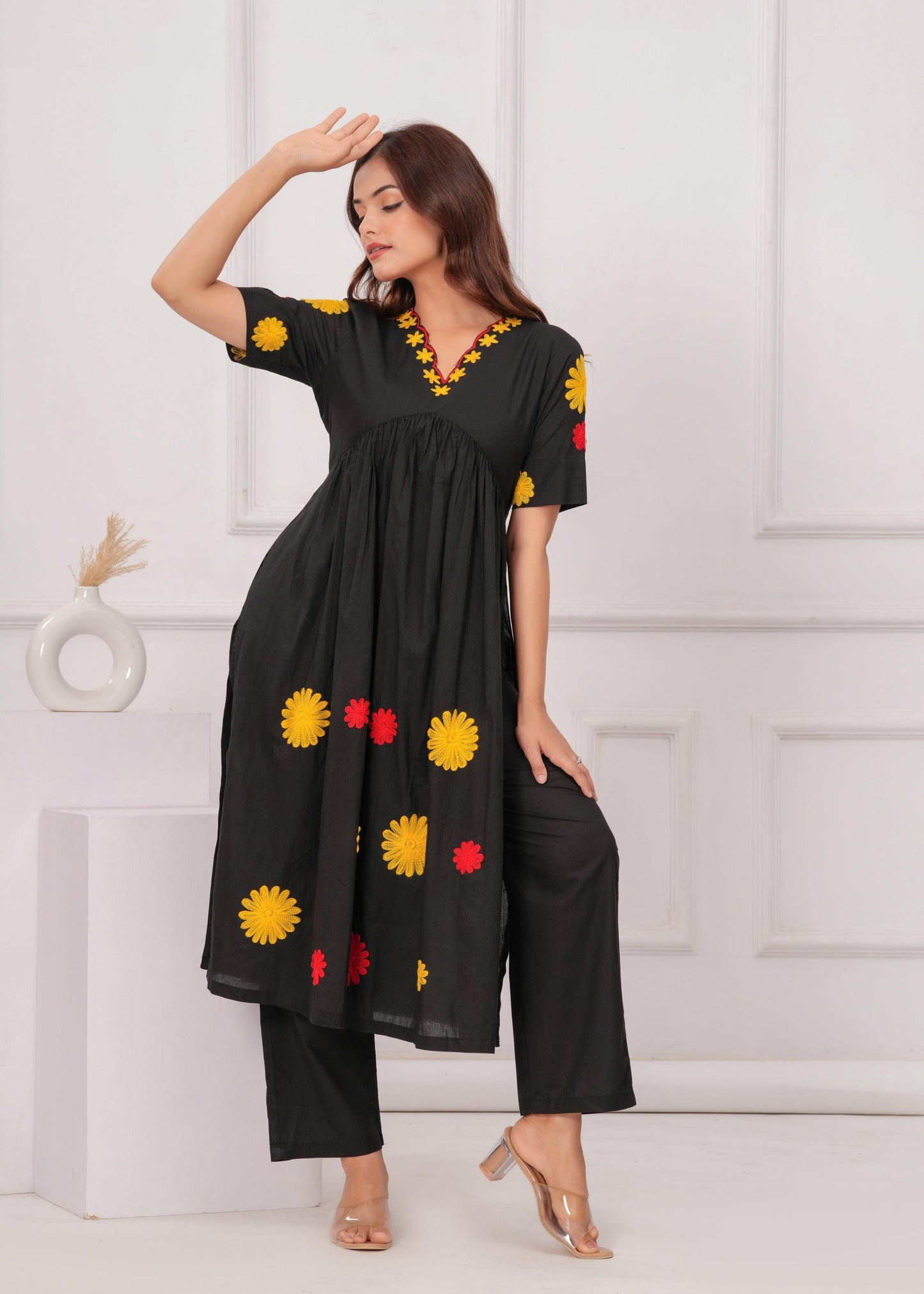 Black Embroidered Cotton Kurta and Pant Set