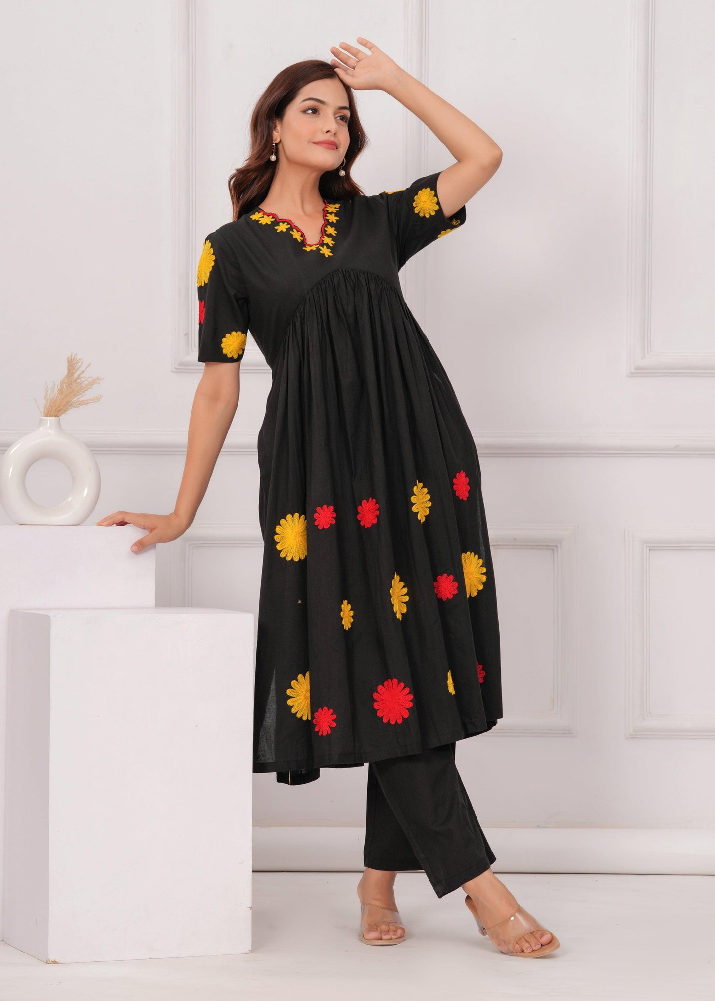 Black Embroidered Cotton Kurta and Pant Set