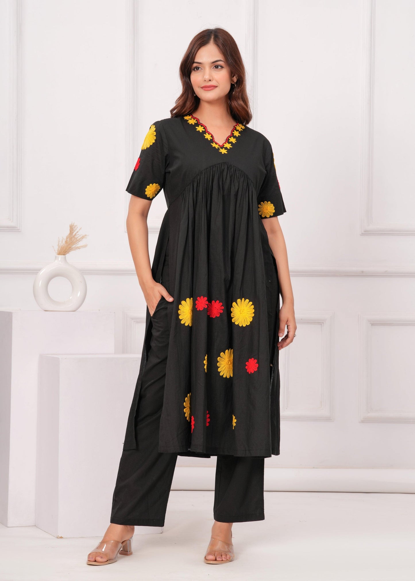 Black Embroidered Cotton Kurta and Pant Set