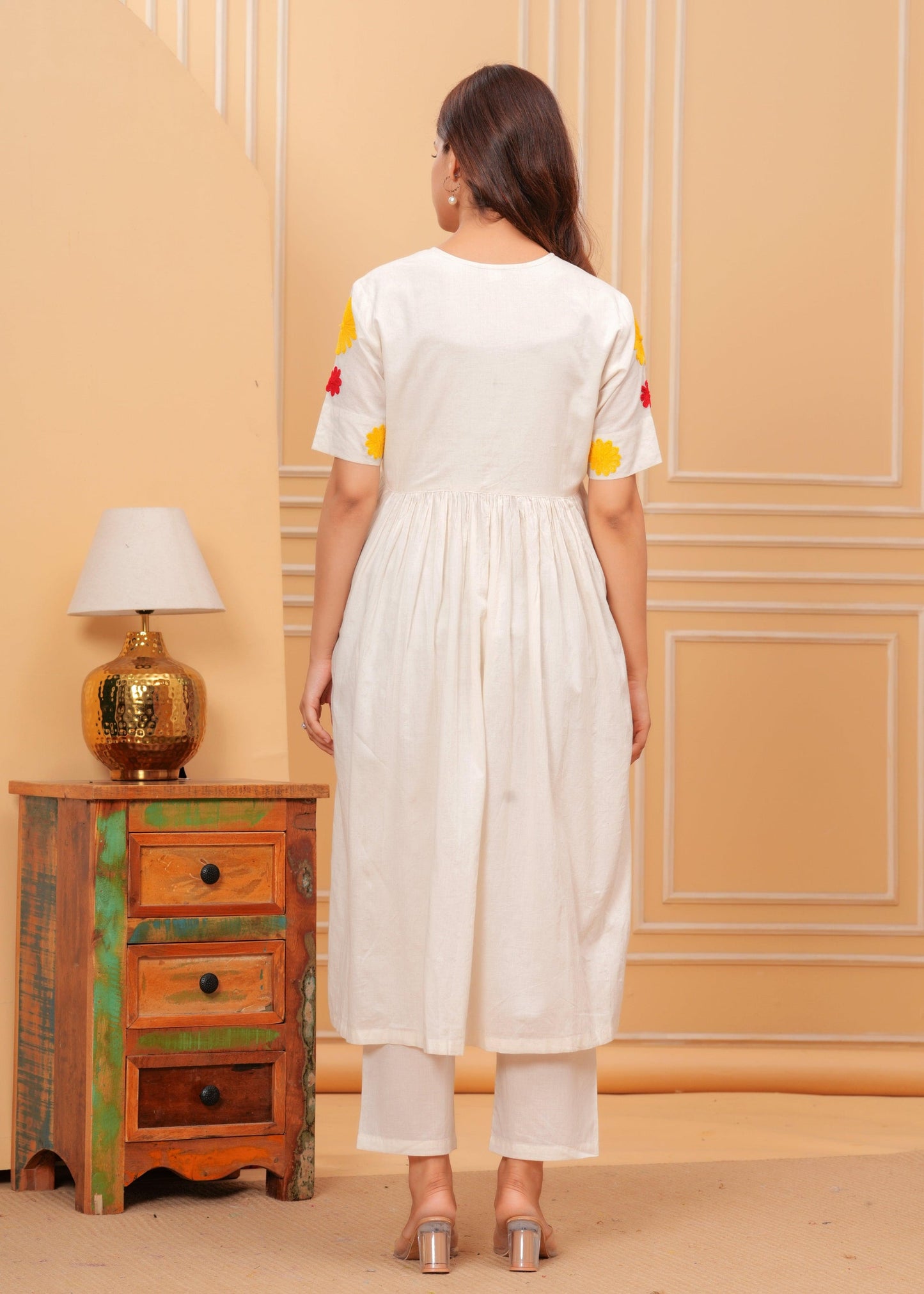 Cream Embroidered Cotton Kurta and Pant Set