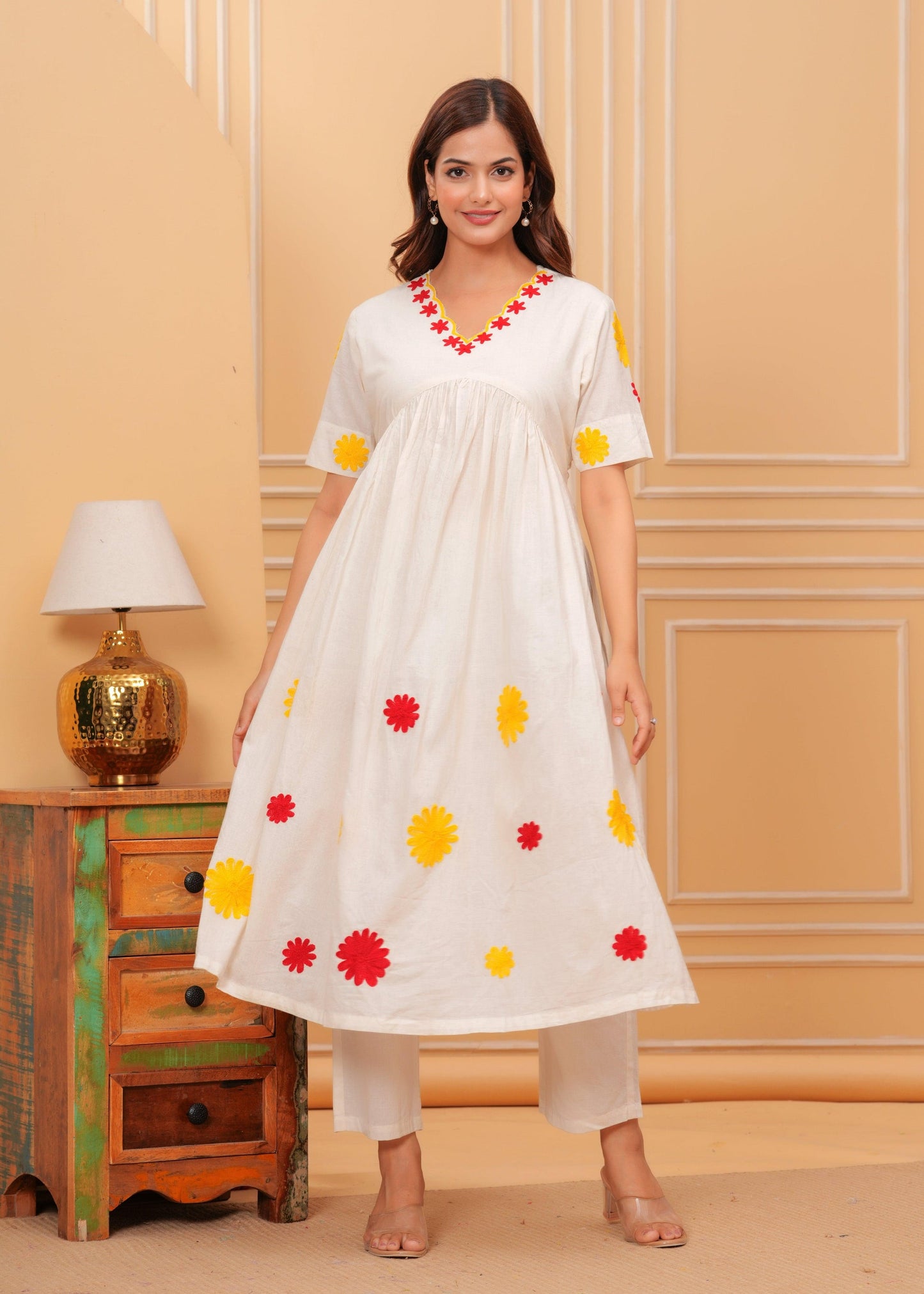 Cream Embroidered Cotton Kurta and Pant Set