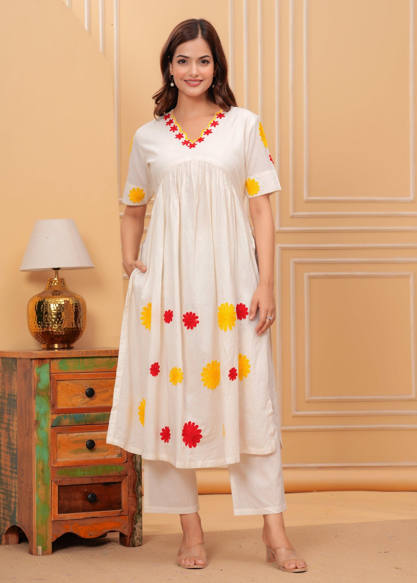 Cream Embroidered Cotton Kurta and Pant Set
