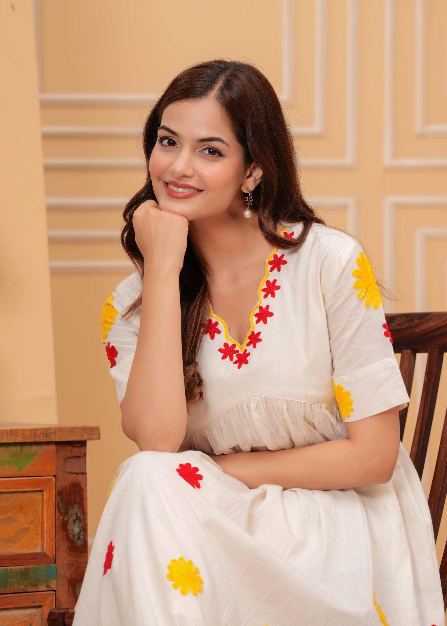 Cream Embroidered Cotton Kurta and Pant Set