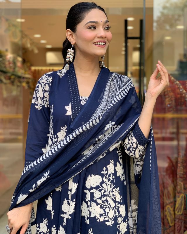 Printed Cotton Anarkali Kurti wtih Plazo and Mulmul Dupatta