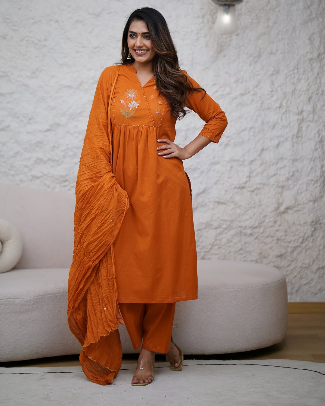 Women Orange Yoke Embroidery Cotton Kurta Pant set