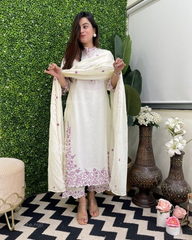Sale Women Cotton White Supreme Kurta Pant and Mulmul Dupatta set