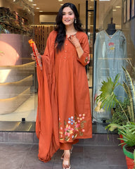 Women Orange Cotton Embroidery Kurta Pant set
