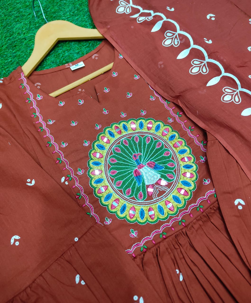 Women Rust Cotton Peacock Embroidery Kurta Pant and Mulmul Dupatta set