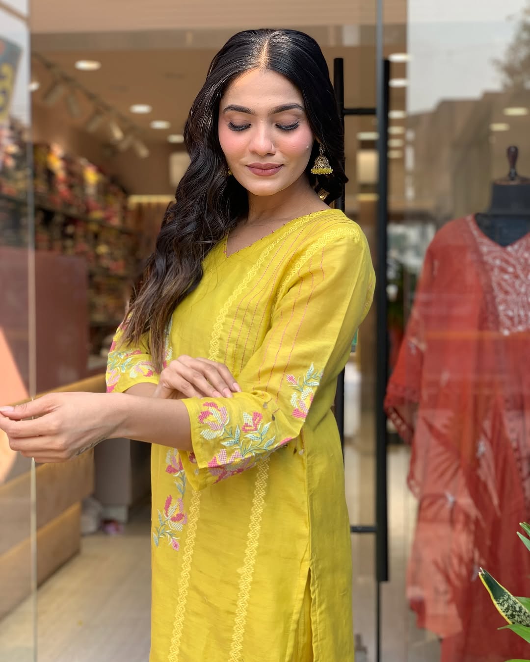 Women Yellow Chanderi Kurta Pant and Dupatta set