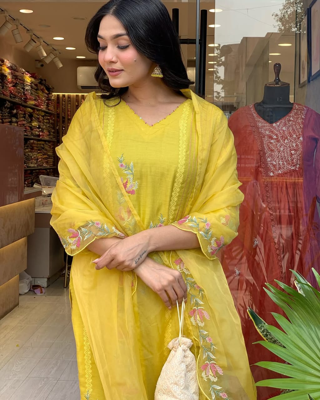 Women Yellow Chanderi Kurta Pant and Dupatta set