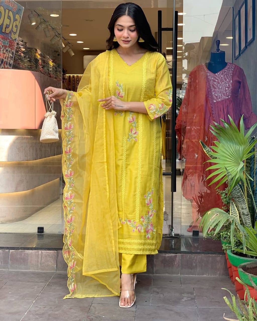 Women Yellow Chanderi Kurta Pant and Dupatta set
