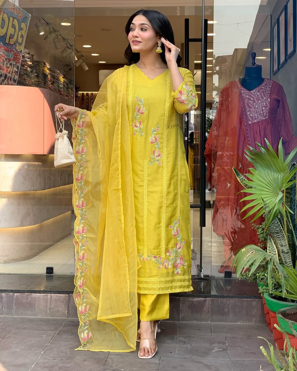 Women Yellow Chanderi Kurta Pant and Dupatta set