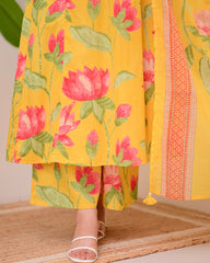 Women Yellow Cotton Sequence Kurta Pant and Cotton Dupatta set