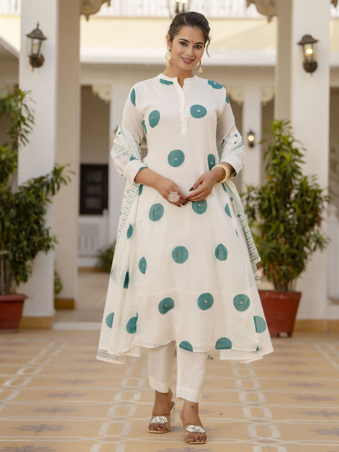 A line style cotton mulmul fabric off white color kurta with bottom and dupatta