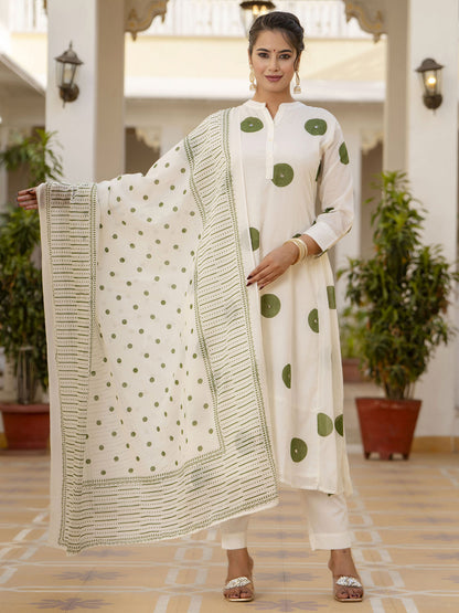 A line style cotton mulmul fabric off white color kurta with bottom and dupatta