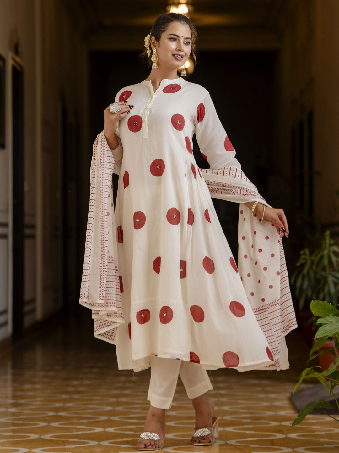 A line style cotton mulmul fabric off white color kurta with bottom and dupatta