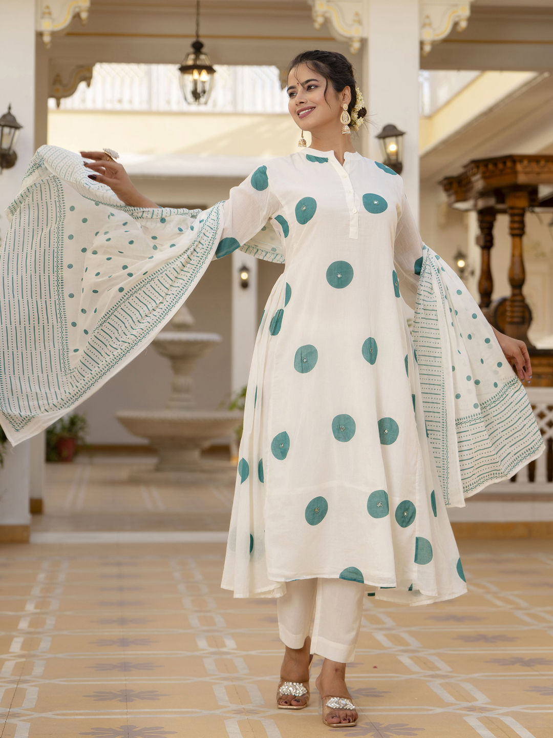 A line style cotton mulmul fabric off white color kurta with bottom and dupatta