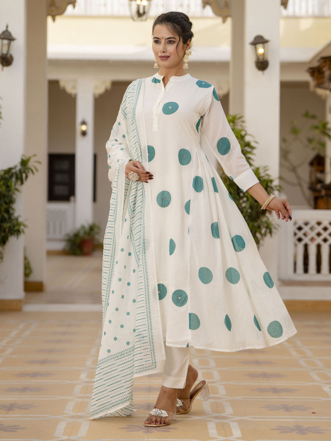 A line style cotton mulmul fabric off white color kurta with bottom and dupatta