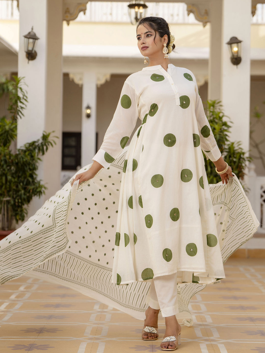 A line style cotton mulmul fabric off white color kurta with bottom and dupatta