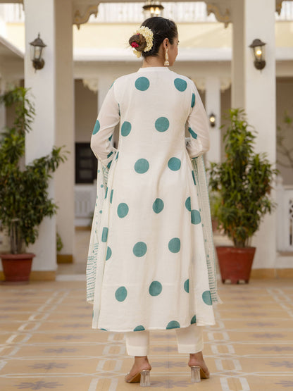 A line style cotton mulmul fabric off white color kurta with bottom and dupatta