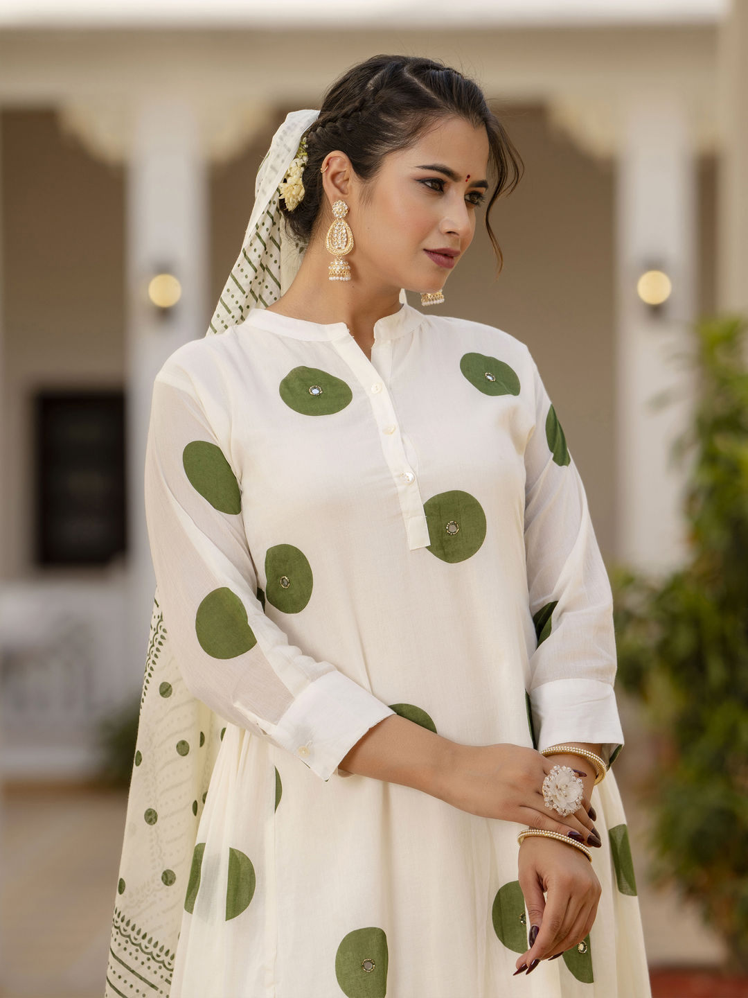 A line style cotton mulmul fabric off white color kurta with bottom and dupatta