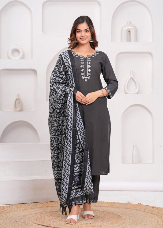Dark Grey Embroidered Cotton Suit Set