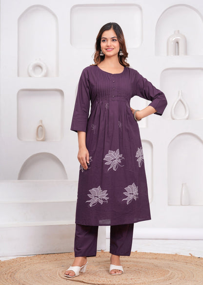 Grape Printx Work Cotton Suit Set with Dupatta