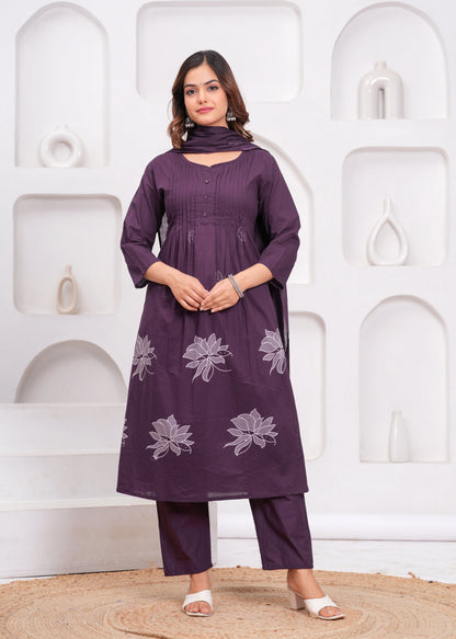 Grape Printx Work Cotton Suit Set with Dupatta