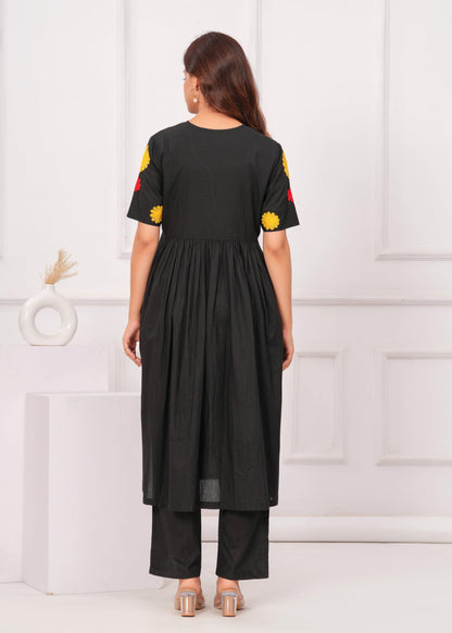Black Embroidered Cotton Kurta and Pant Set