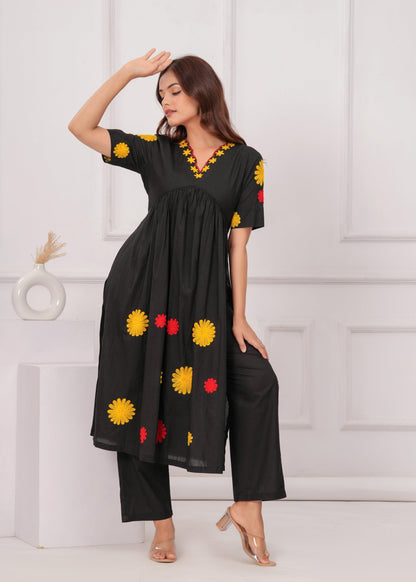 Black Embroidered Cotton Kurta and Pant Set