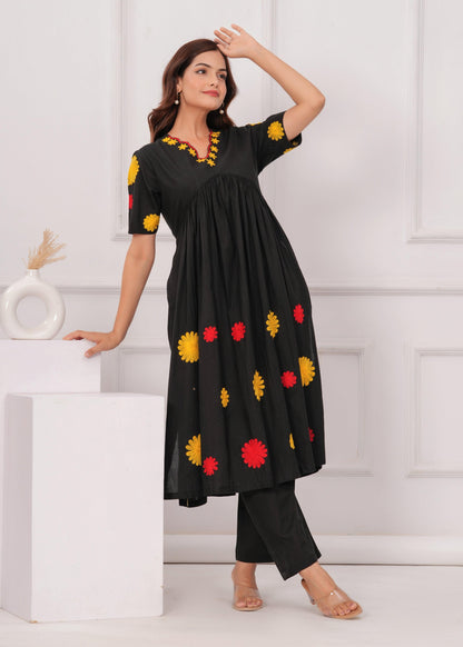 Black Embroidered Cotton Kurta and Pant Set