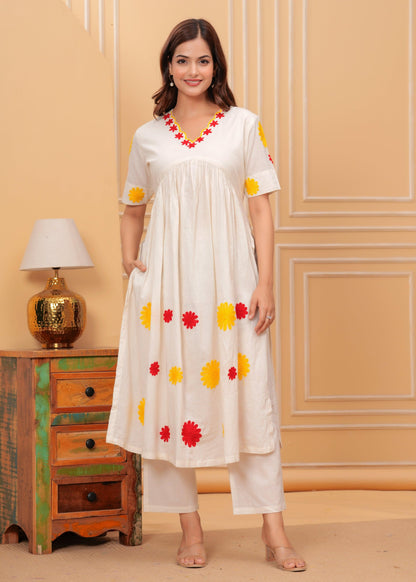 Cream Embroidered Cotton Kurta and Pant Set