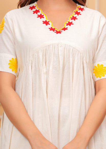 Cream Embroidered Cotton Kurta and Pant Set