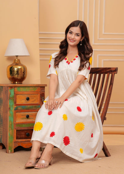 Cream Embroidered Cotton Kurta and Pant Set