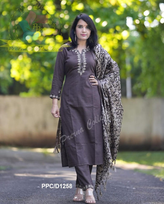 Women South cotton embroidery kurta pant dupatta suit set