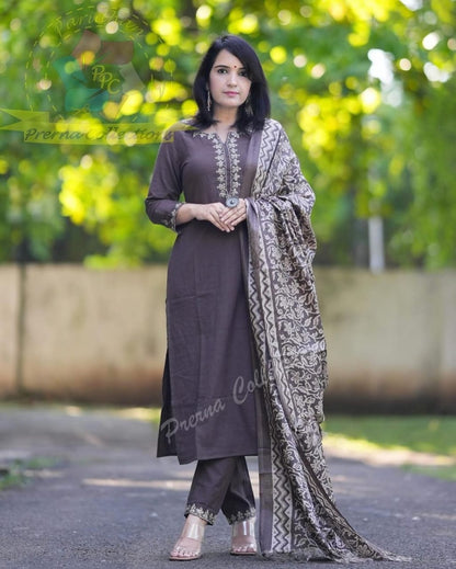 Women South cotton embroidery kurta pant dupatta suit set