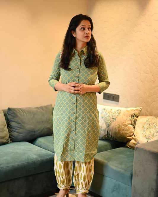 Women cotton pathani suit  with shoulder embroidery and patiyala