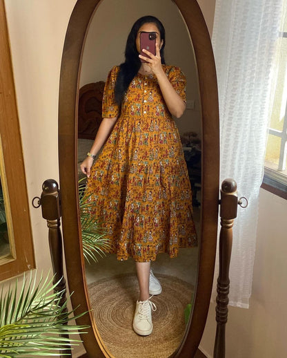 Women cotton traditional printed yellow middy gown