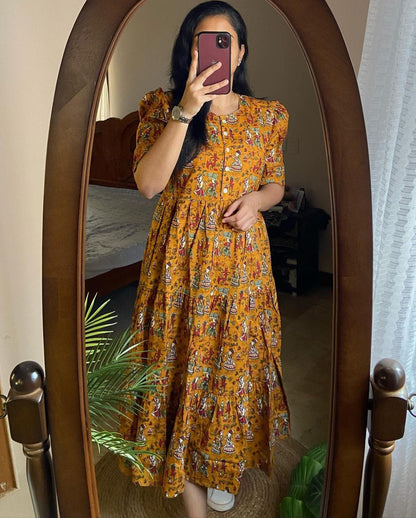 Women cotton traditional printed yellow middy gown