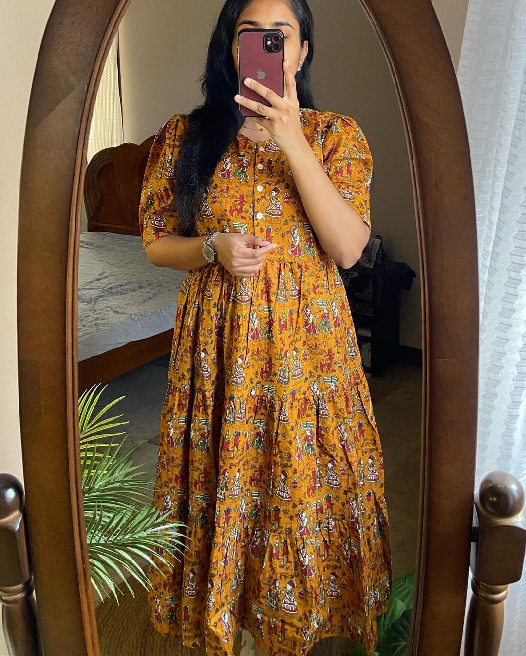 Women cotton traditional printed yellow middy gown