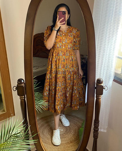 Women cotton traditional printed yellow middy gown