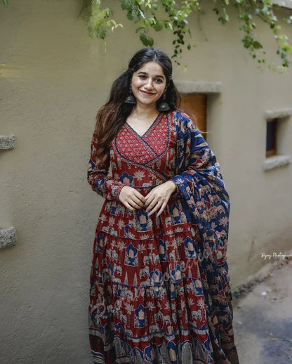 NAVY BLUE - MAROON COTTON FLARED ANARKALI SUIT