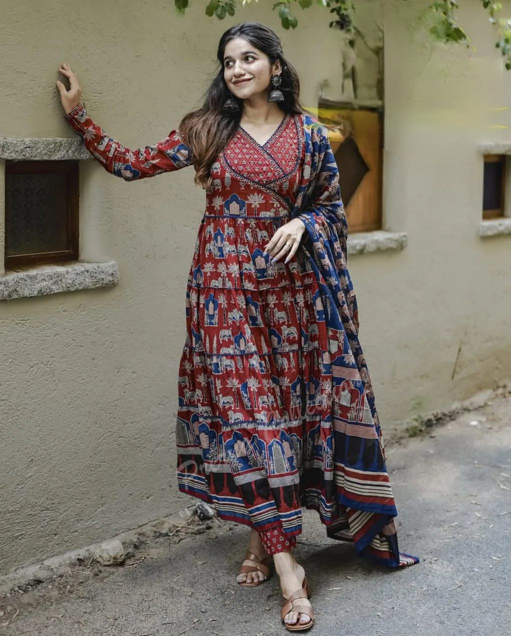 NAVY BLUE - MAROON COTTON FLARED ANARKALI SUIT