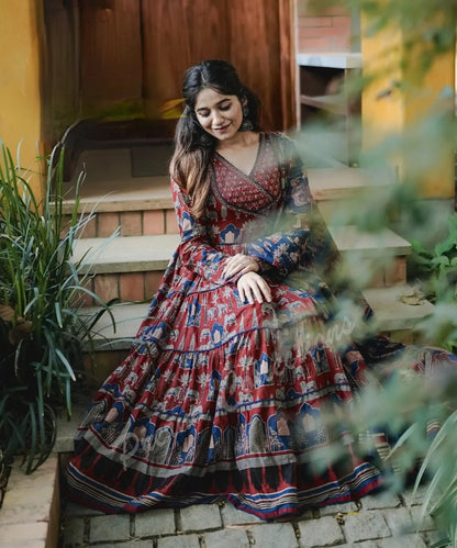 NAVY BLUE - MAROON COTTON FLARED ANARKALI SUIT